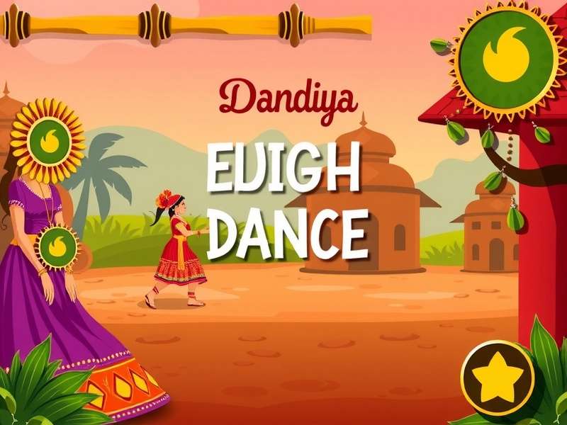 Dandiya Delight Dance Main Game Screen showing traditional Gujarati village backdrop with Dandiya stick gameplay interface